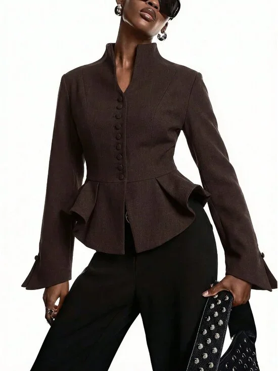 Coffee Brown Elegant Women's Minimalist Coffee Fitted Waist Blazer - Picture 5 of 6